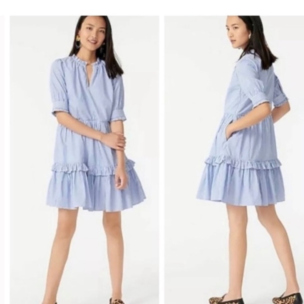 J. Crew Ruffleneck Blue Striped Tiered Dress MT